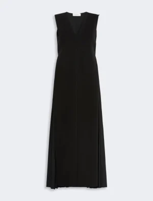 Long black sleeveless maxi dress with a V-neck and clean front seam, floor-length.