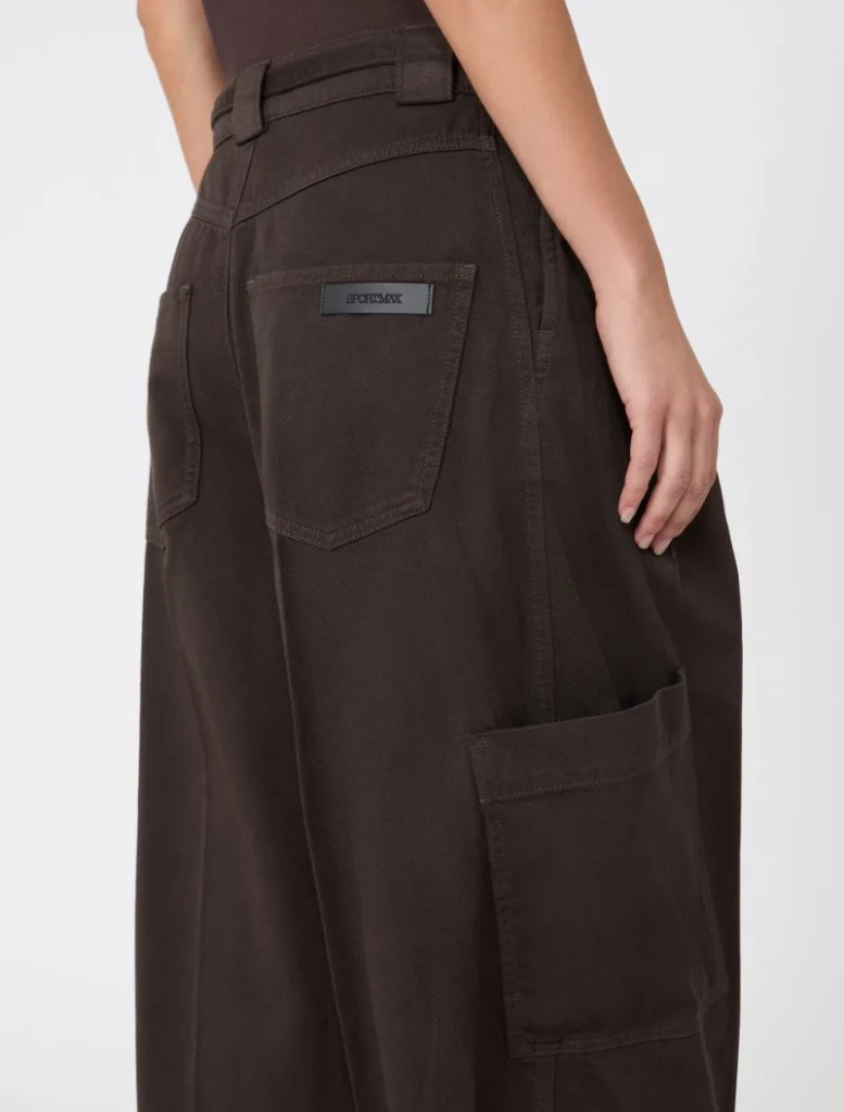 Back view of dark brown cargo pants with a large rear pocket and a side cargo pocket.