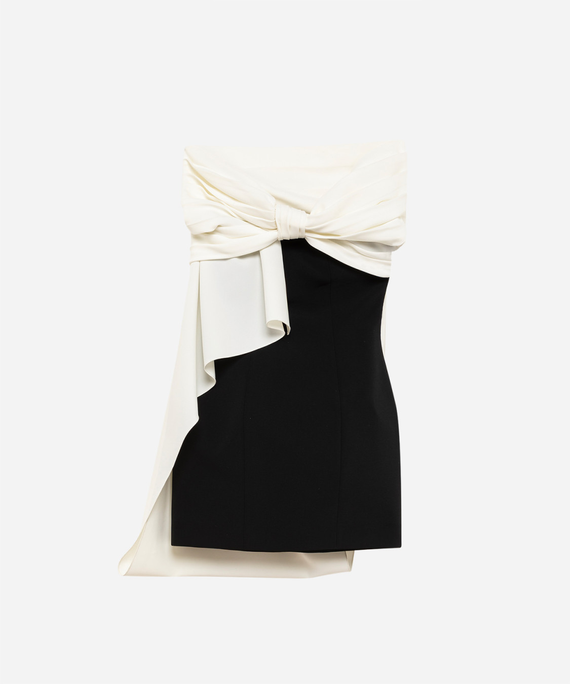 IMG_3185 - New Trend Black fitted strapless dress with a white draped top tied in a knot at the waist and cascading fabric