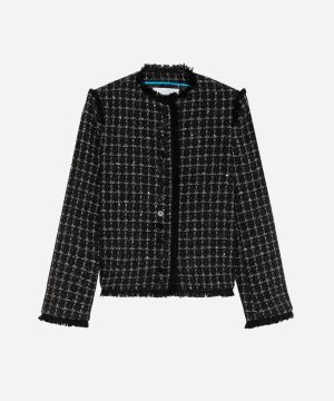 Black-and-white tweed cropped jacket with fringe edges and button front rhythmically lined with dark buttons in a check pattern.