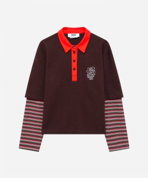 Brown polo shirt with red collar and button placket, layered over striped long sleeves.