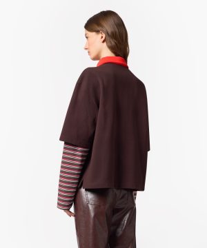 Back view of a person wearing a dark brown cape-style top with a bright red collar, striped long-sleeve shirt underneath, and brown leather pants.