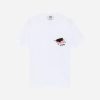 White T-shirt with a small pink embroidered blob and black cat design on the left chest; MSGM logo underneath.