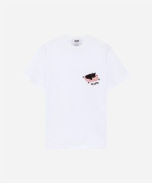 White T-shirt with a small pink embroidered blob and black cat design on the left chest; MSGM logo underneath.