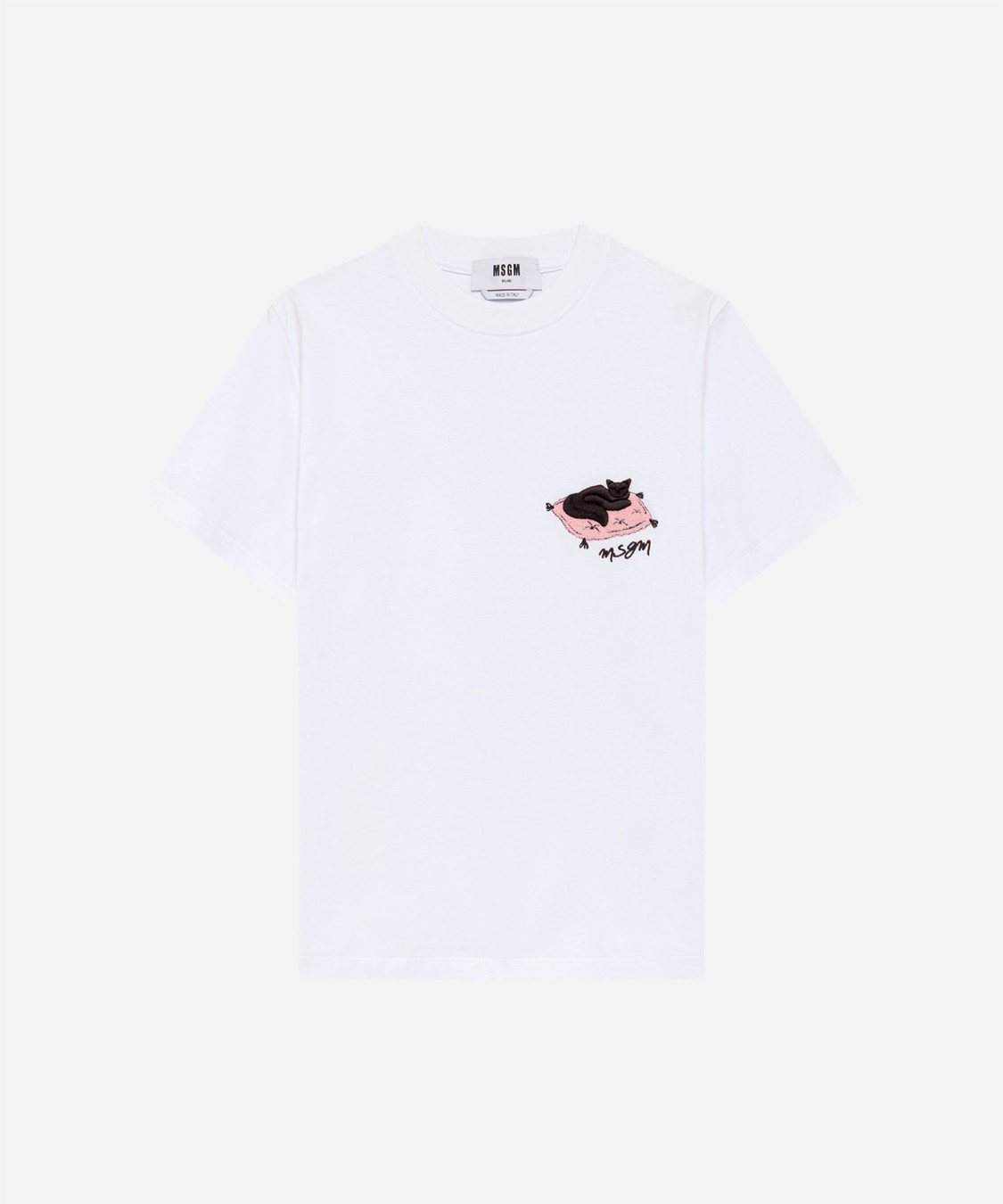 IMG_3200 - New Trend White T-shirt with a small pink embroidered blob and black cat design on the left chest; MSGM logo underneath.