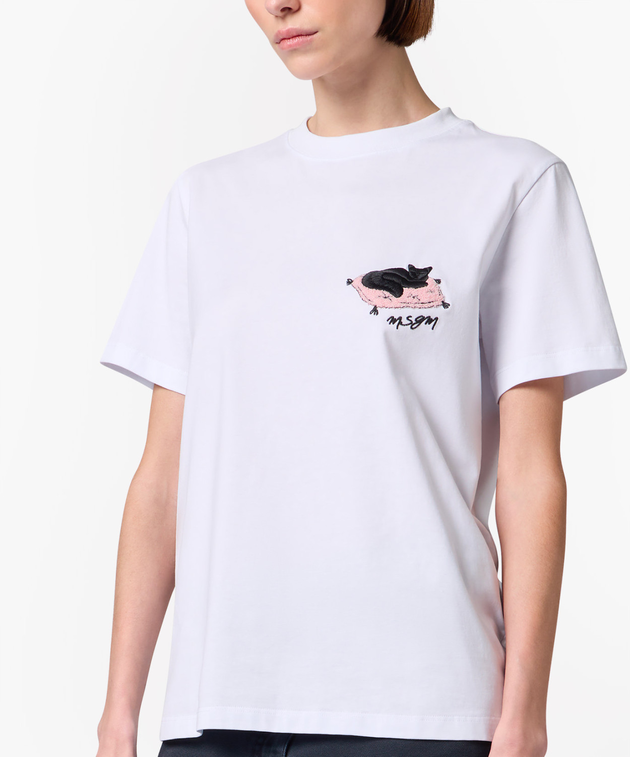IMG_3204 - New Trend White T-shirt with a small pink pig embroidery on the left chest