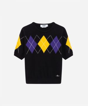 Black knit sweater with a purple and yellow argyle motif across the chest and on the sleeves, short‑sleeve pullover with ribbed cuffs and hem.