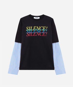 Black short-sleeve T-shirt over a blue-striped long-sleeve shirt, with 'SILENCE!' repeated in yellow, blue, and red across the chest.