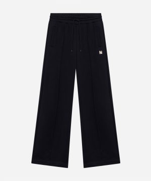 Black wide-leg jogger pants with a drawstring waist and two front pockets, small letter N logo on the thigh area