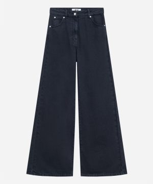 Dark indigo wide-leg jeans with a button and zip fly, front pockets, and contrast stitching. Behind-the-heel length shows their wide silhouette.