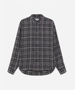 Grey and black plaid button-down flannel shirt with a curved hem and collar on a neutral background.