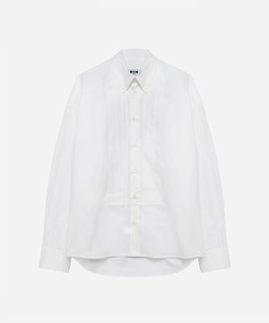 White button-down shirt with front pleats and long sleeves, on a plain background (brand tag visible).
