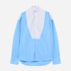 Blue button-up shirt with a white striped front panel forming a V shape, long sleeves, curved hem.