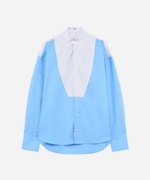 Blue button-up shirt with a white striped front panel forming a V shape, long sleeves, curved hem.