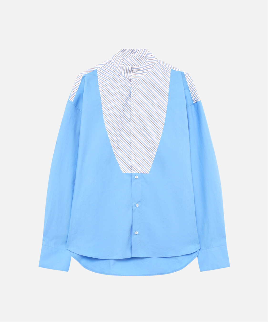 IMG_3240 - New Trend Blue button-up shirt with a white striped front panel forming a V shape, long sleeves, curved hem.