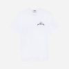 White short-sleeve T-shirt with small black embroidered logo and four stars on the left chest; simple crew neck.