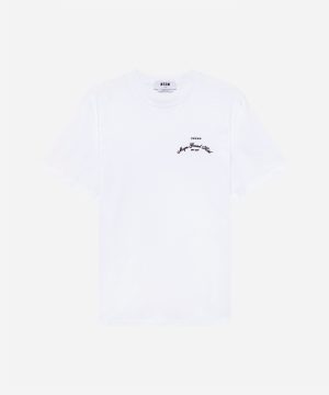 White short-sleeve T-shirt with small black embroidered logo and four stars on the left chest; simple crew neck.