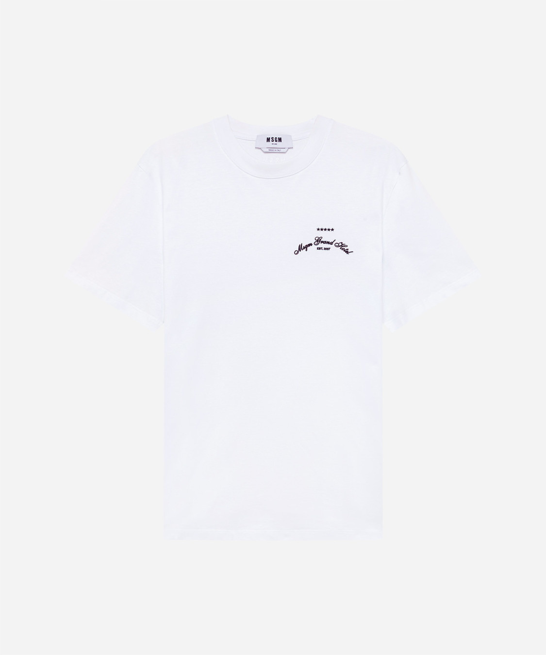 IMG_3250 - New Trend White short-sleeve T-shirt with small black embroidered logo and four stars on the left chest; simple crew neck.