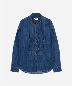 Blue denim button-down shirt with contrast orange stitching and curved hem, long sleeves and a pointed collar (MSGM label visible).