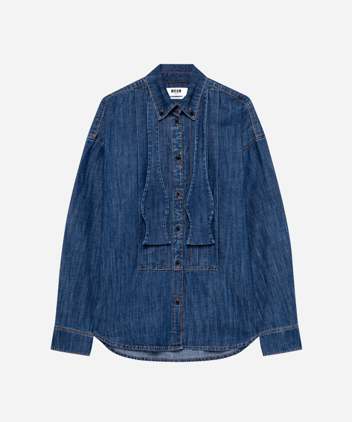 IMG_3255 - New Trend Blue denim button-down shirt with contrast orange stitching and curved hem, long sleeves and a pointed collar (MSGM label visible).