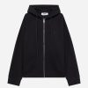 Black zip-up hoodie with a drawstring hood, front pockets, and a small left-chest logo.