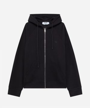 Black zip-up hoodie with a drawstring hood, front pockets, and a small left-chest logo.
