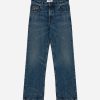 Blue denim jeans with five pockets and orange stitching; brand label on the front pocket.