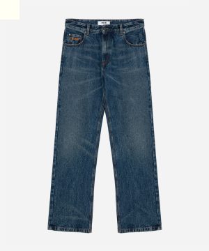 Blue denim jeans with five pockets and orange stitching; brand label on the front pocket.