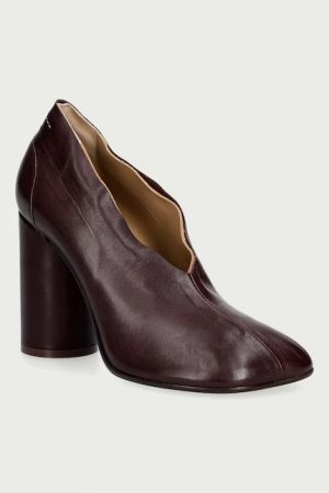 Burgundy leather ankle boot with a chunky block heel, shown in side view with almond toe.