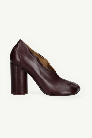 Dark burgundy leather pump with a chunky block heel, shown in side view
