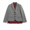 Grey and black houndstooth blazer with burgundy lining peeking from the open front hem, displayed flat.