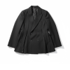 Black double-breasted blazer laid flat on a white background, showing peaked lapels and front buttons.