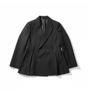 Black double-breasted blazer laid flat on a white background, showing peaked lapels and front buttons.