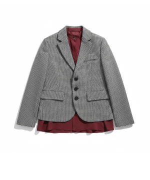 Grey and black houndstooth blazer with burgundy lining peeking from the open front hem, displayed flat.