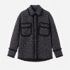 Dark plaid tweed jacket with a button front and two large chest pockets with fringed edges.