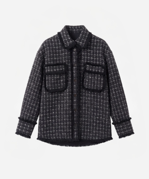 Dark plaid tweed jacket with a button front and two large chest pockets with fringed edges.