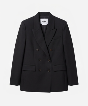 Black double-breasted blazer with peak lapels and four buttons, front flap pockets visible