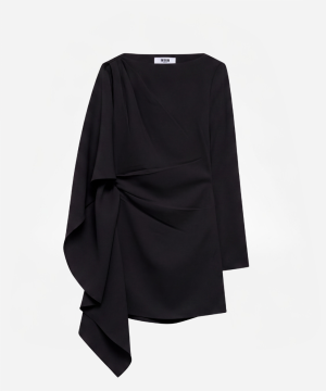 Black one-shoulder draped blouse with a tied knot at the waist, long sleeves, on a plain background (MSGM tag visible inside).