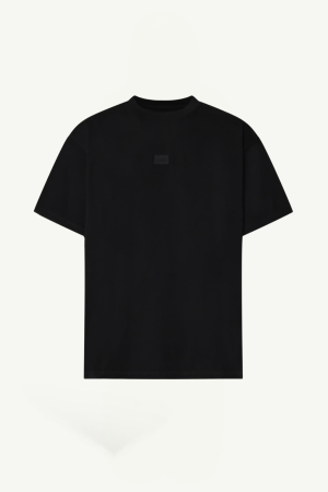 Black short-sleeve T-shirt with a small square logo on the left chest area