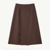 Brown A-line midi skirt with a high waist, two front buttons, and subtle side pockets at the seams.