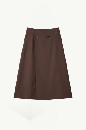 Brown A-line midi skirt with a high waist, two front buttons, and subtle side pockets at the seams.
