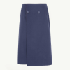 Navy blue wrap-front midi skirt with two buttons at the waist.