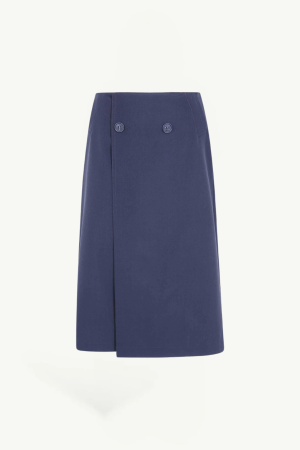Navy blue wrap-front midi skirt with two buttons at the waist.