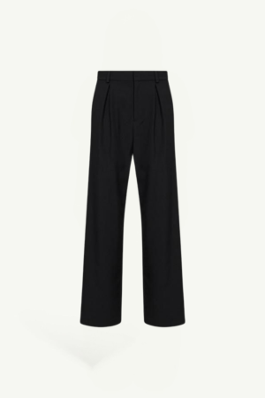 Black tailored wide-leg trousers with pleated front and belt loops, front view.