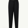 Black trousers with an elastic drawstring waistband and straight legs.