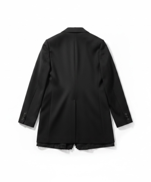 Back view of a black tailored blazer on a white background, with a center seam and buttoned cuffs.