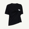 Black short-sleeve T-shirt with a small white tag on the left chest area.