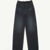 Dark wash denim jeans with a single distressed knee and orange stitching details laid flat on a light background