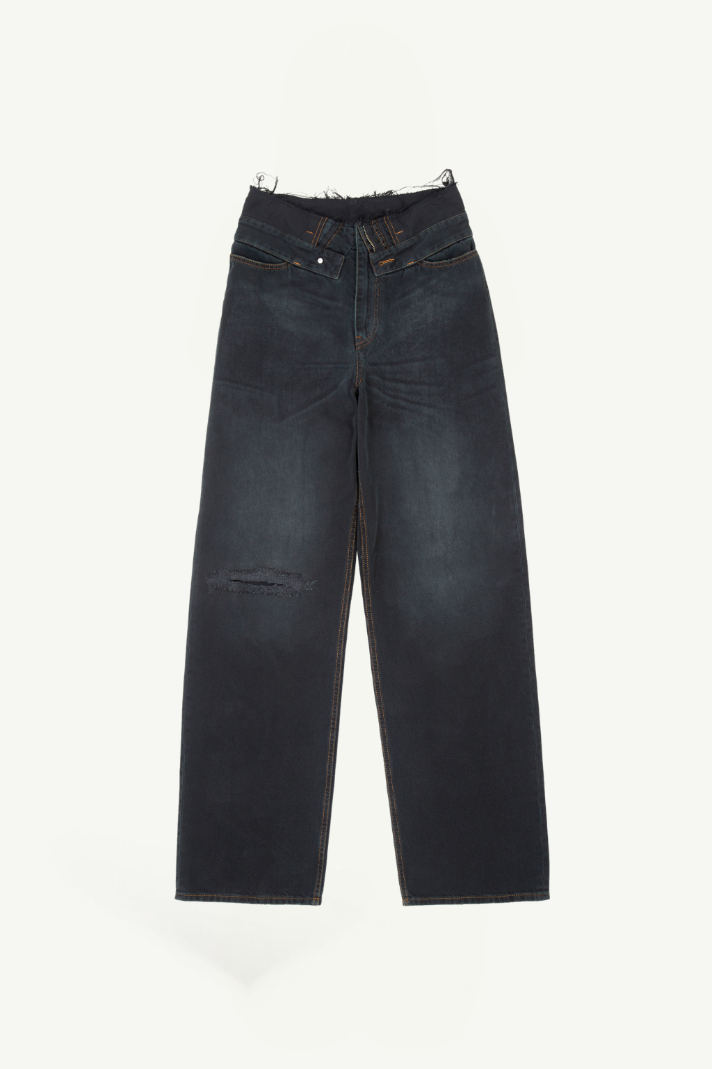 Untitled design - 2 - New Trend Dark wash denim jeans with a single distressed knee and orange stitching details laid flat on a light background