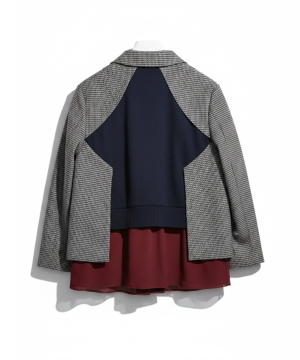 Back view of a gray checkered coat with navy color-block panels over a burgundy dress or skirt visible at the bottom.